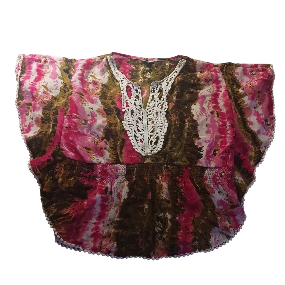 Cotton Express Missy L Womens Pink Brown Tie Dye Crochet Lace Smocked Waist Top